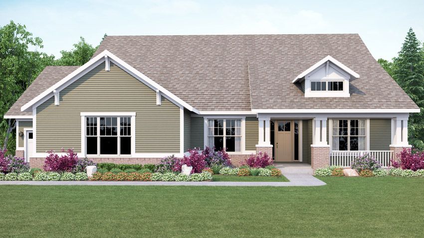 Exterior rendering of single story home, showing the front entryway of the home and sidewalk. The exterior is Bungalow style.
