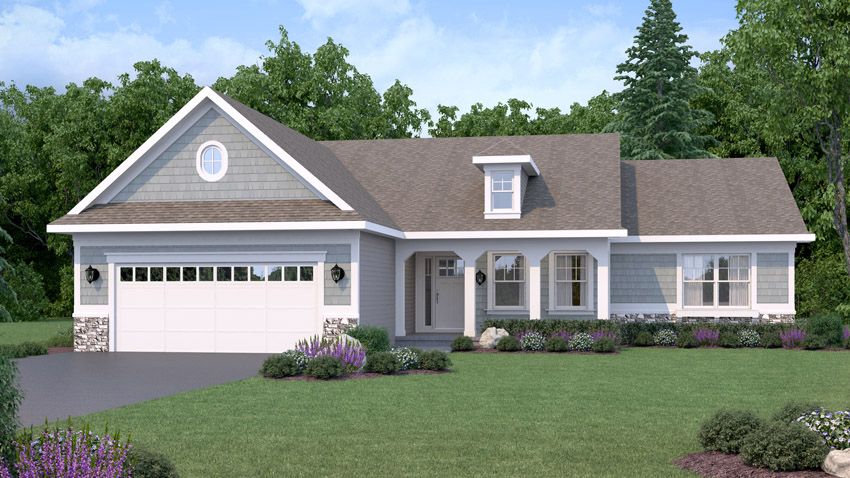 Exterior rendering of Sugar Maple floor plan in the exterior style of Shingle. 3 bed, 2 bath floor plan.